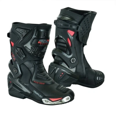 Mens Leather Long Black & Red CE Motorbike Motorcycle Racing Sports Shoes Boots
