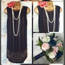 New navy blue gold silver beaded deco 20s gatsby evening party shift dress 10 