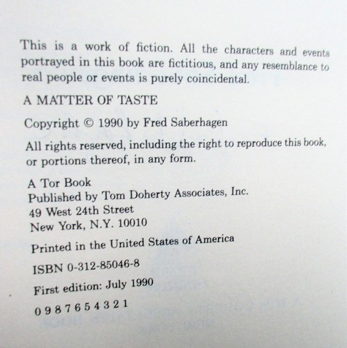A MATTER OF TASTE (1990) Fred Saberhagen SIGNED - TOR Books HC 1st Ed. HORROR - Imagen 5 de 6