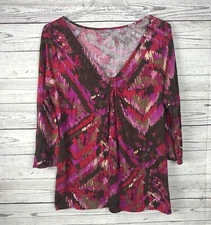 a.n.a. A New Approach Women's Pink Brown 3/4 Sleeve V-Neck Knit Top Size M