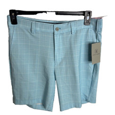 Pga Tour Men's 68 Check Print Performance 8" Golf Shorts - Cyan Blue Size 34