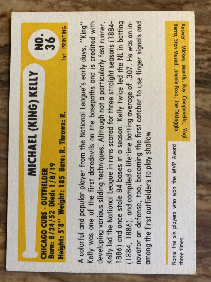 Mike King Kelly Chicago Cubs/Boston Reds 1980 SSPC HOF #36 - 1st Printing- NM/MT - Image 2 of 2