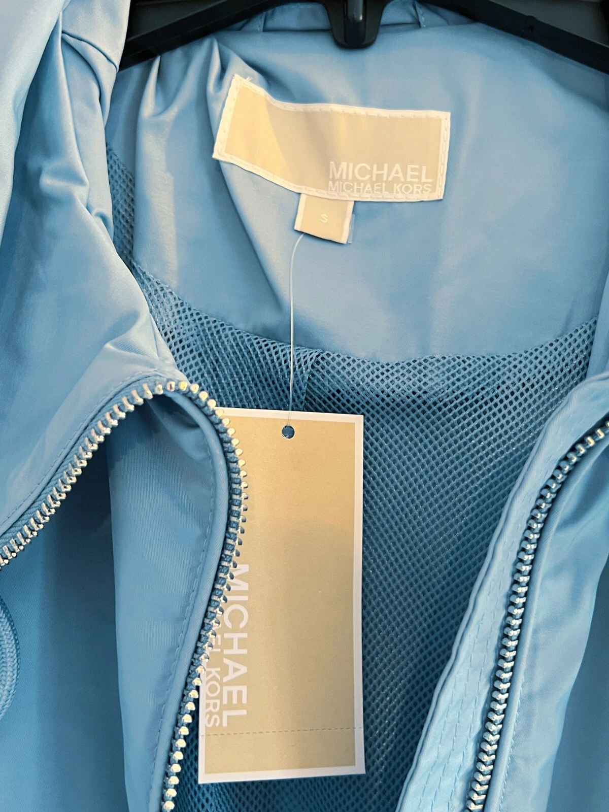 MICHAEL KORS GIACCA A VENTO BLU CHIARO GIACCA CON CAPPUCCIO TAGLIA SMALL UK 8 10