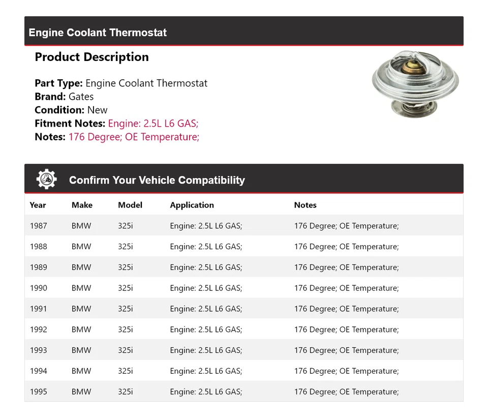 Para BMW 325i 1987-1995 2.5L L6 Motor Gas Refrigerante Termostato Puertas 1988 1989 Foto 2 de 4