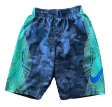 Nike Boys Gray Lime Green Camouflage Swim Trunks Elastic Waist Mesh Lining Sz L
