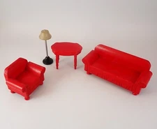 Strombecker Red Couch Armchair Table & Floor Lamp 1:16 dollhouse Sofa 4-Piece