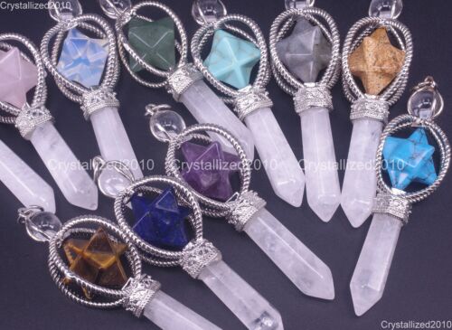 Collier pendentif chakra pierres précieuses naturelles Merkaba cristal de guérison pointu - Photo 1/30
