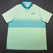 Under Armour Polo Shirt Mens XL Green Striped HeatGear Loose Fit Short Sleeve