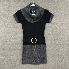 New York Yoki Collection Dress Womens Medium Black Gray Knit Belted Short Sleeve