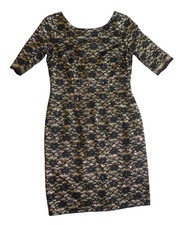 Eliza J Lace Women's Size 8 Sheath Dress Elbow Slv Black Gold Floral Lace V-back