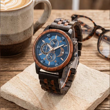 Men's Wood Wrist Watches for Man Chronograph Watch, Natural Wooden Case Strap