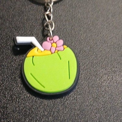 Green Coconut Drink Keychain w/ Flower Charm Detachable Keyring Modern Era