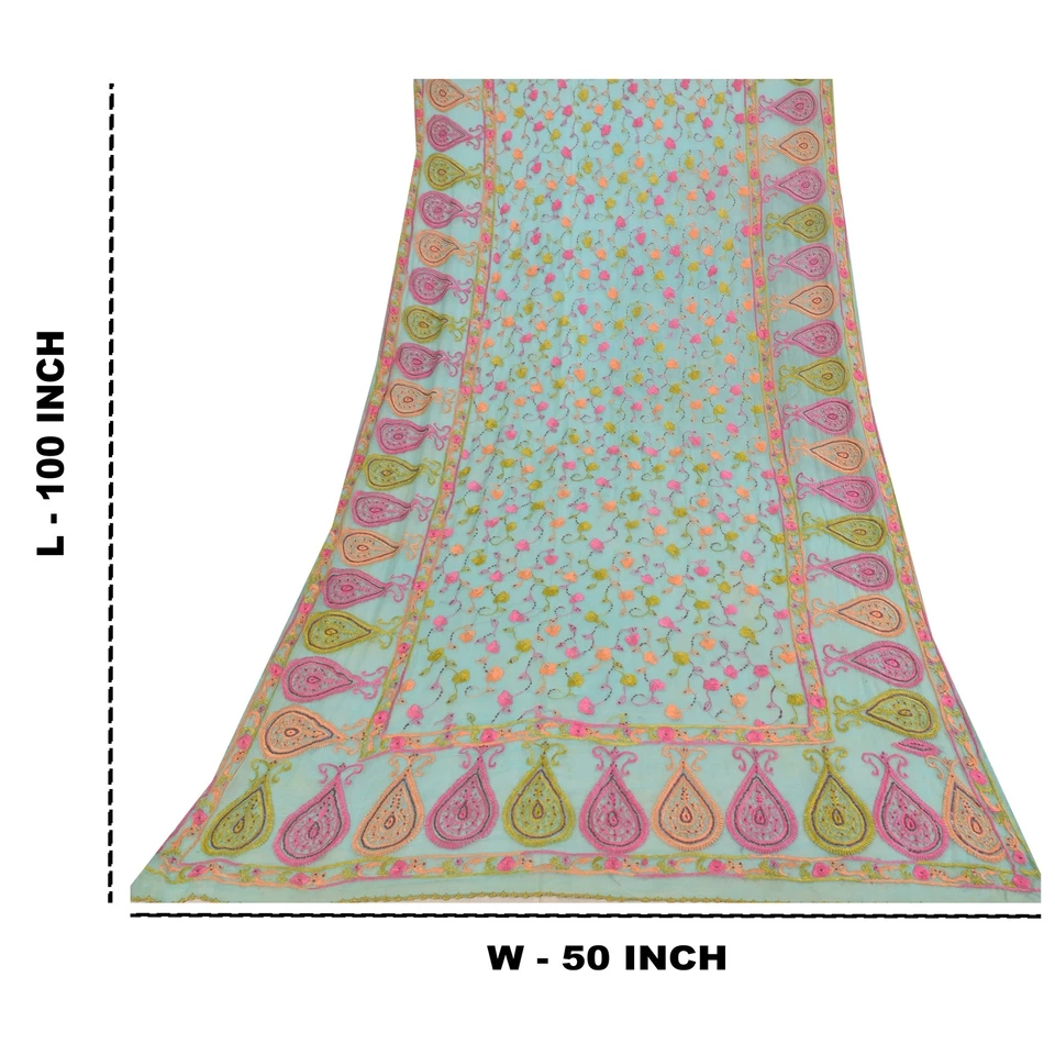 Bufandas Sanskriti Vintage Azul Dupatta Estola Larga Gasa Pura Bordadas a Mano Foto 4 de 4