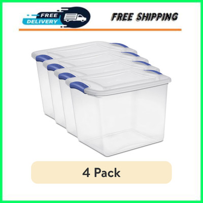 Sterilite 27 Qt Latching Storage Bins 4 Pack Clear Plastic Blue Lid