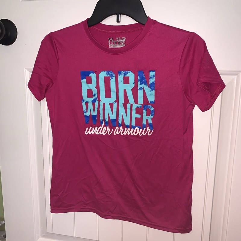 Girls YLG Under Armour Dri-fit S/S Shirt Fuchsia w/Born Winner In Blue Athletic