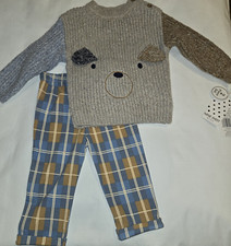 NWT Nine West Sweater Plaid Pants Outfit Beige, Blue, Brown 12 Month Boys Puppy