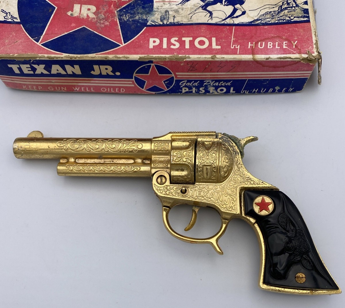 M1298 Vintage 1950s フレッドハービー コッパー トレイ Vintage 1950's A Texan Jr Gold Plated Cap Pistol By Hubley with
