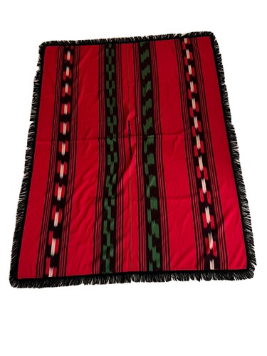 Vintage Mens Poncho Red Black & Green Tassels 51x67 Inches Wool Blend - Picture 4 of 10