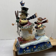 Vtg Primitive Tin Sankyo Christmas Wind Up Music Box Sledding Animated Snowman
