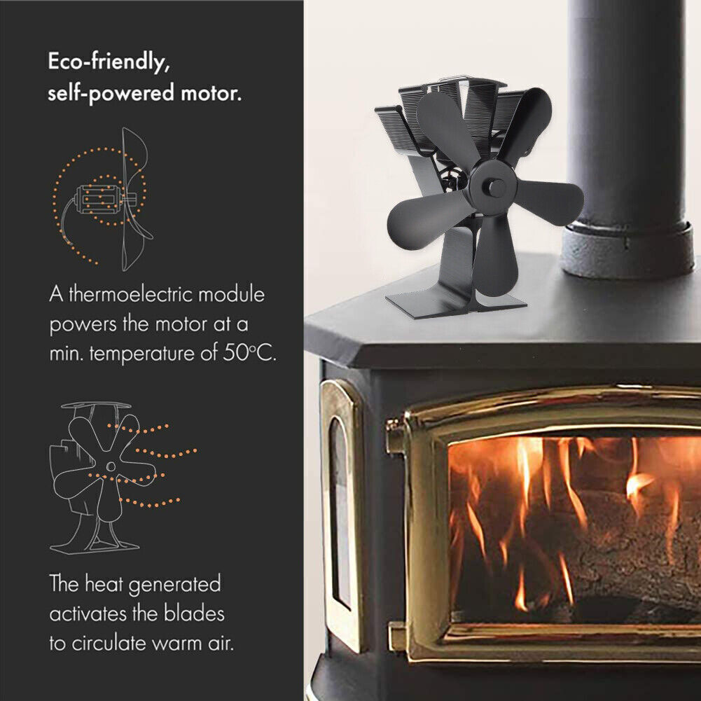 6 Blade Heat Powered Stove Top Fan Wood Log Burner Fireplace Eco