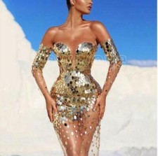 Womens Gorgeous Sequin Off Shoulder See Through Evening Dress Cocktail Prom