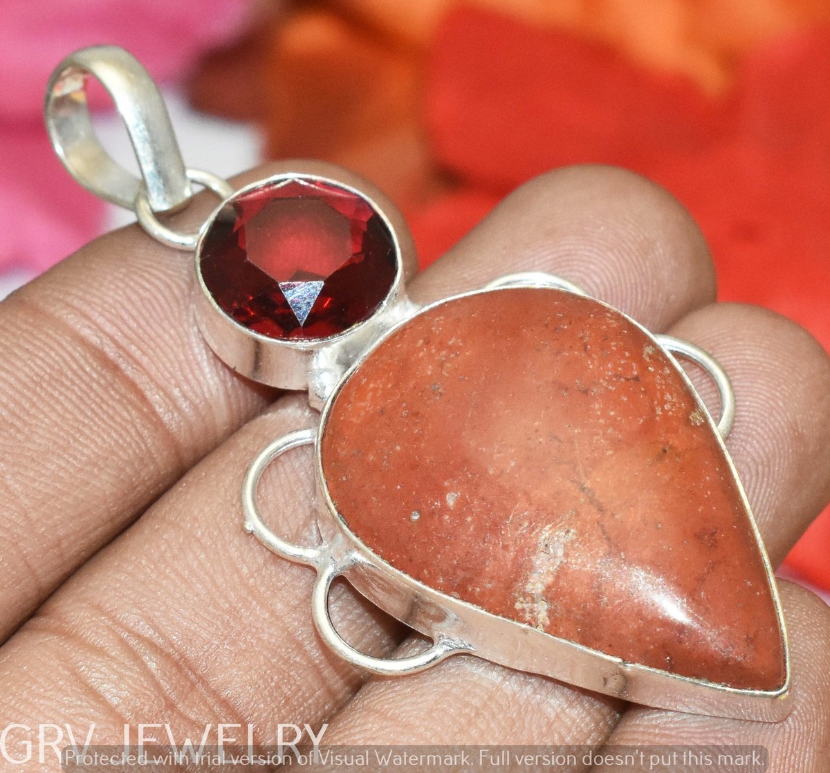 Red Jasper & Pink Tourmaline Quartz Gemstone Pendant Silver
