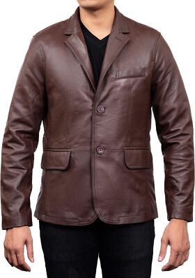 Mens Brown Blazer Genuine Lambskin Napa Leather Two Button Casual Outwear Jacket