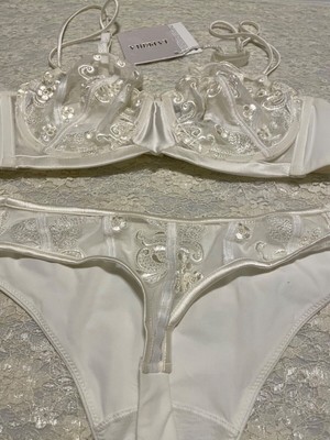 La Perla Floralia 36B M Balconette Bra Thong Set Ivory Naturale