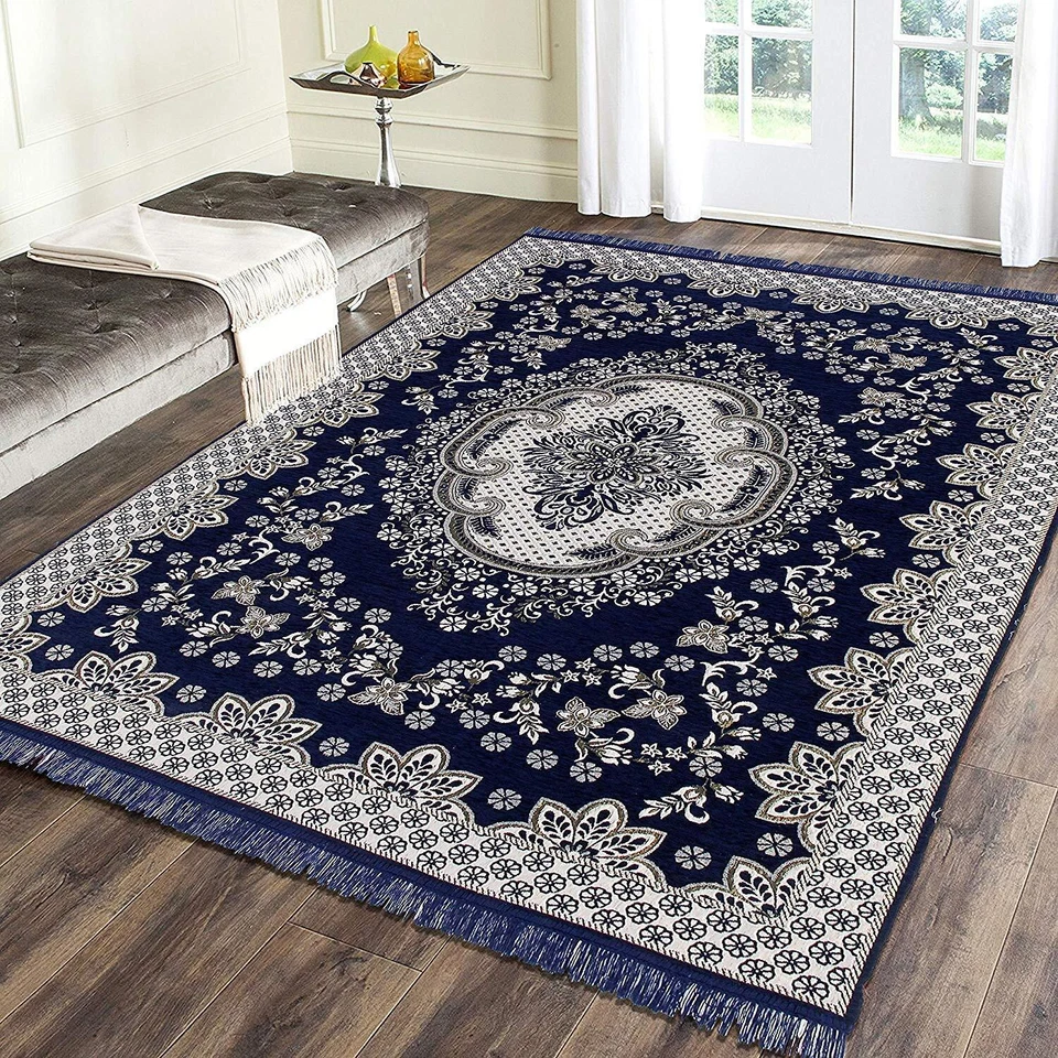 Tapis de salon ethnique premium en chenille tapis de pique-nique bleu marine ... - Photo 1/1