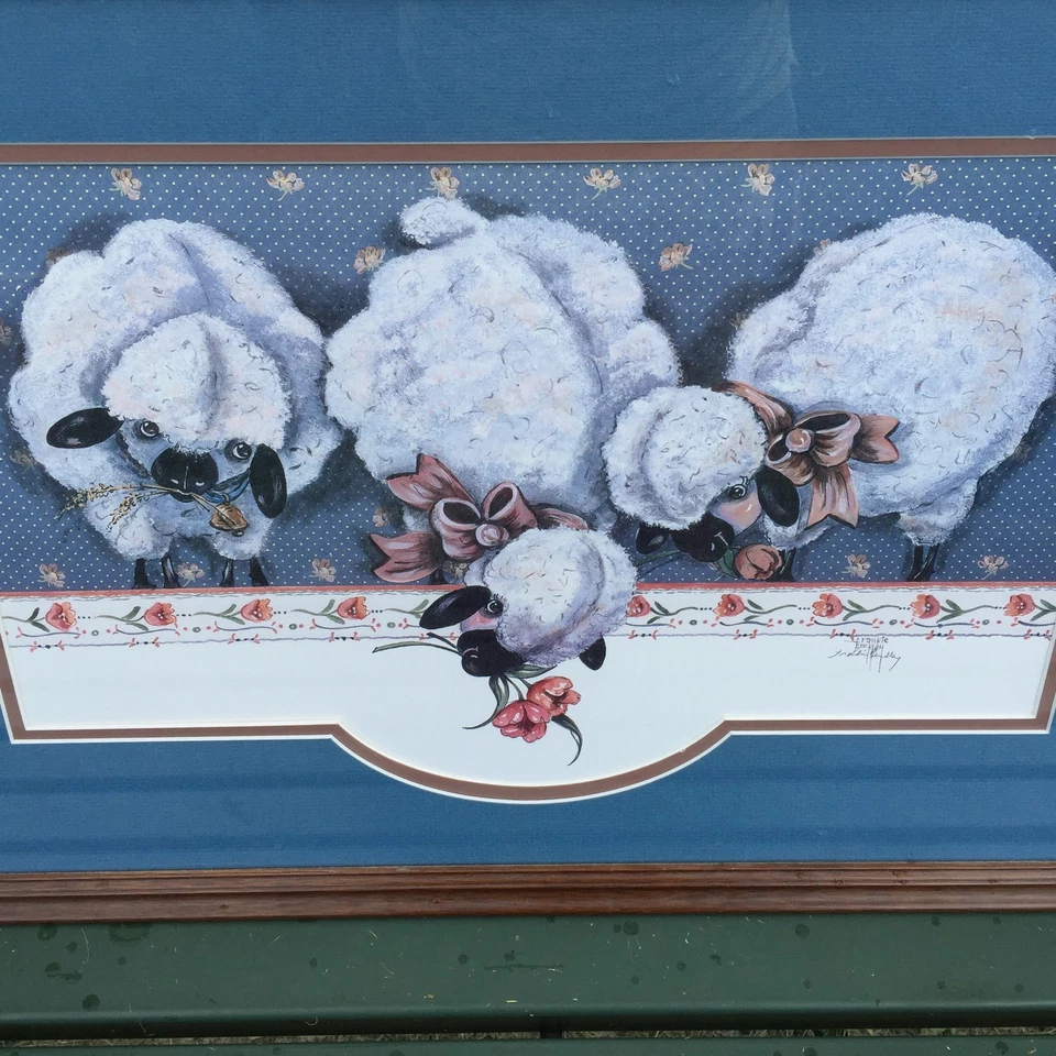 Antique Primitive SHEEP on FARM Wool Baa Baa Black Framed Art SIGNED & RARE - Image 3 of 4