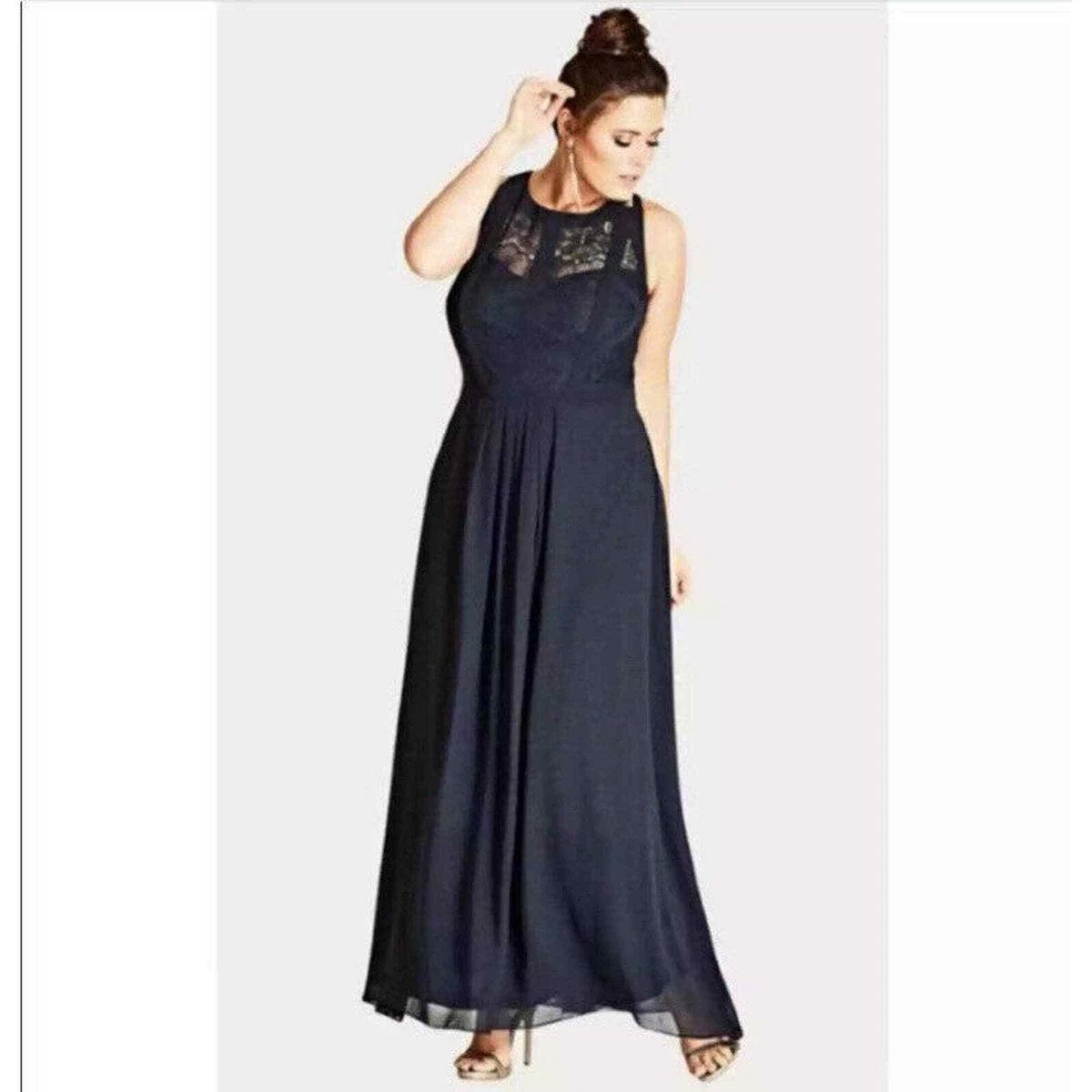 City Chic French Navy Blue Paneled Lace Bodice Maxi Dress Gown