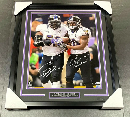 RAY LEWIS ED REED RAVENS SB XLVII SIGNED Autographed 16x20 Photo Framed BAS COA