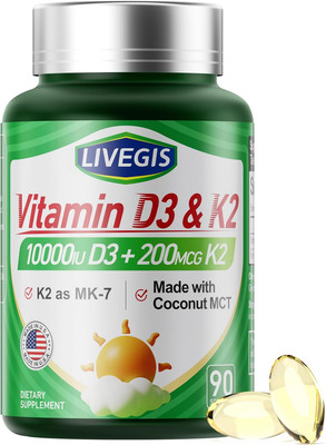 Vitamin D3 K2 Softgels, D3 10000 IU with K2 (MK-7) 200 Mcg with Coconut Oil Soft