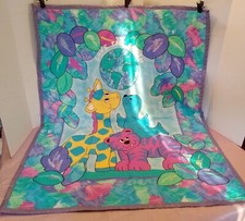 Baby Blanket Vintage 80s Colorful Crib Quilt Save the Earth Baby Animals 35x45