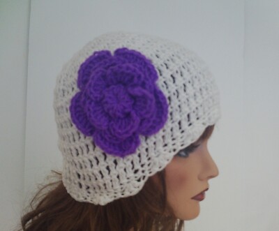 WHITE SHIMMER PURPLE FLOWER BEANIE CAP HAT HAND