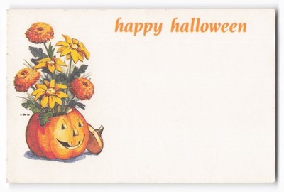 Vintage 1988 Small Card Halloween Jack-O-Lantern Pumpkin Floral Mums JH Printed