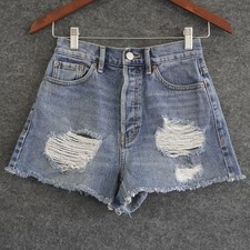 PacSun Ultra High Rise Vintage Shorts 25 Blue Denim Distressed Cutoff Button Fly