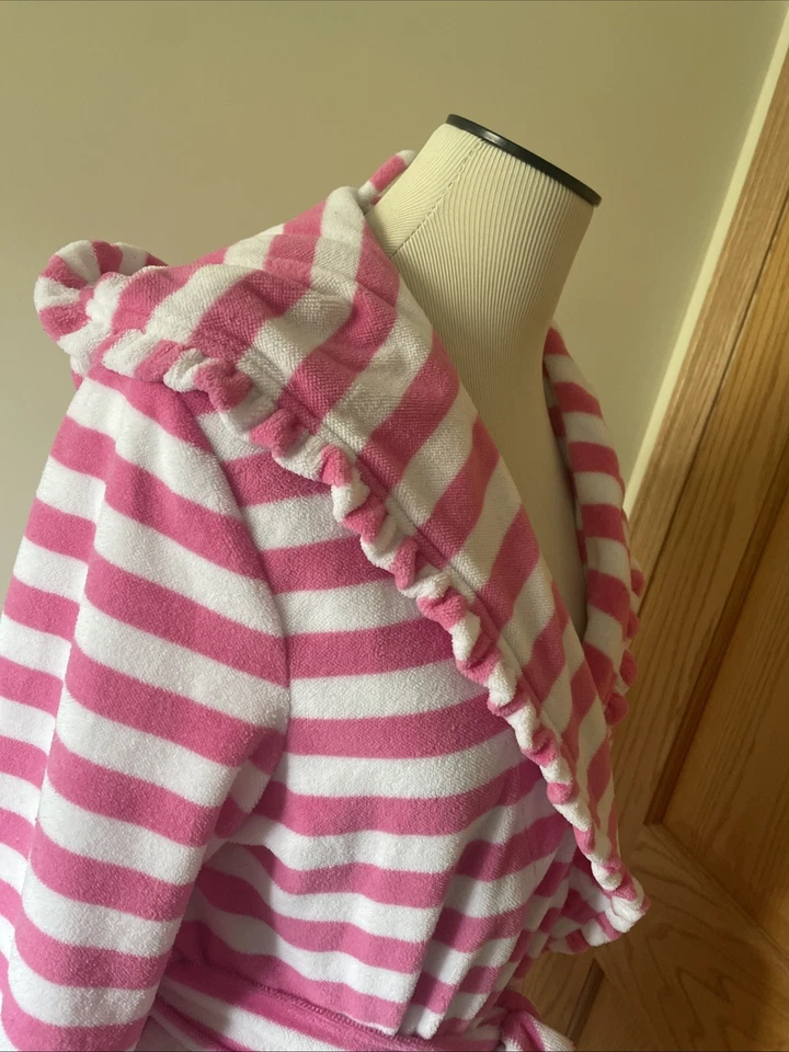 BETSEY JOHNSON Terciopelo Rosa Caramelo Blanco Rayas Volantes Borde Con Capucha Corbata Bata L Foto 4 de 4