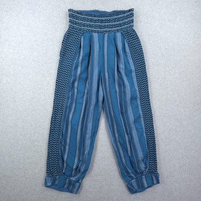 Free People Pants Womens Medium Blue Harem Boho Hippie Loose Jaquard Festival 