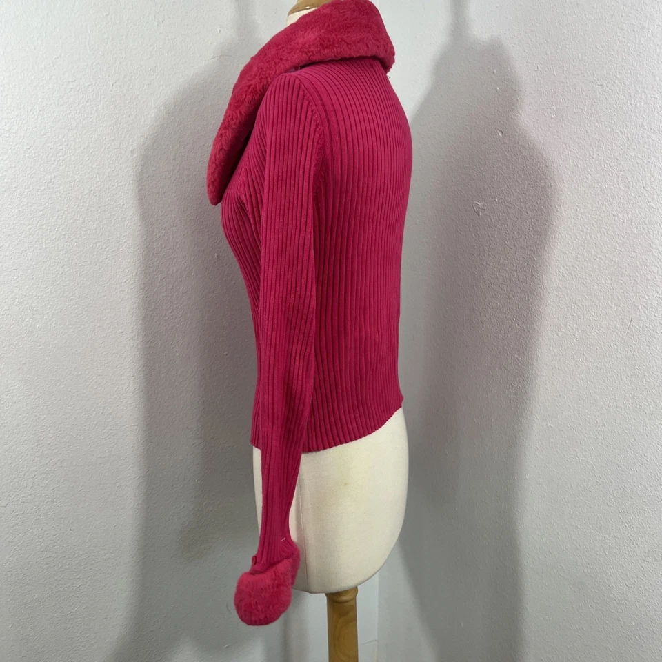 Dylan Ryan 毛衣上衣女式 L 粉色罗纹人造毛皮领 Coquette Preppy Y2K — 第 3/4 张图片