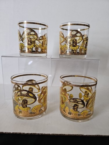 4 VTG MCM Culver 22K Gold MUSHROOM 3.5" Lowball Cocktail Glasses Glass