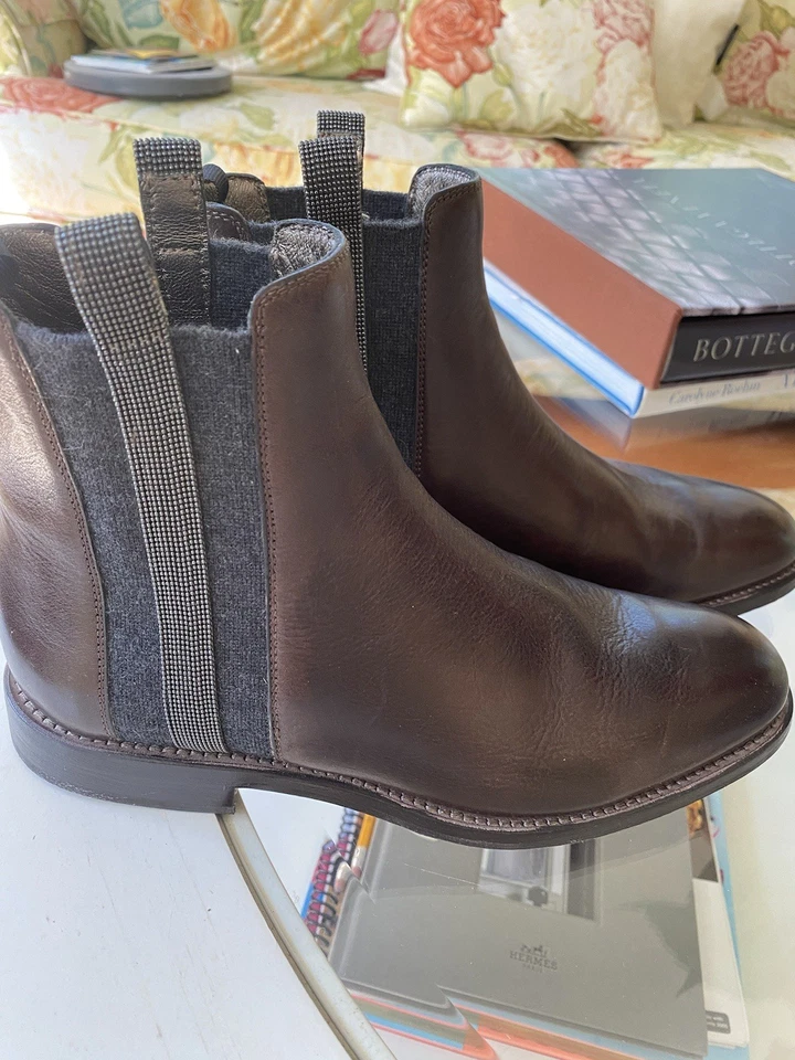 Brunello Cucinelli Botines Chelsea Cuero Liso Marrón Borde Monili Talla 37 Nuevos Foto 2 de 4