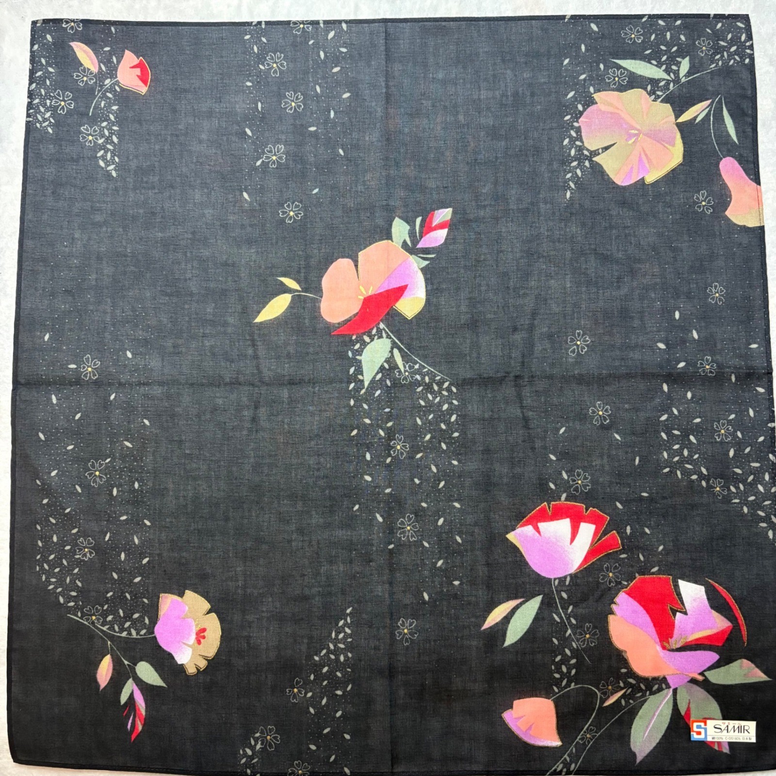 Vtg SAMIR Scarf Handkerchief Floral 100% Cotton Black 16.5