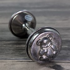 Antique Silver Plated Baby Rattle Dumbbell With Teddy Bears 4.5" Elegance Toys