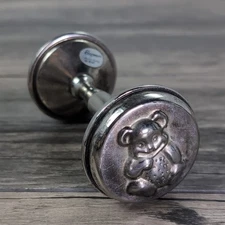 Antique Silver Plated Baby Rattle Dumbbell With Teddy Bears 4.5" Elegance Toys