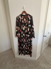 Black Floral Flower Print Motif Kimono Wrap Coverup Open Top Casual Small