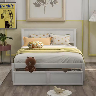 White Wood Full Size Bed Frame with Headboard, Full Bed Frame with Storage Drawe