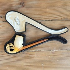 Tête de Pipe en Écume de Mer Véritable Sculptée Blason XIXe dans son Étui 