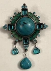 Unique Vintage Costume Jewelry Brooch with Faux Turquoise and Blue Stones