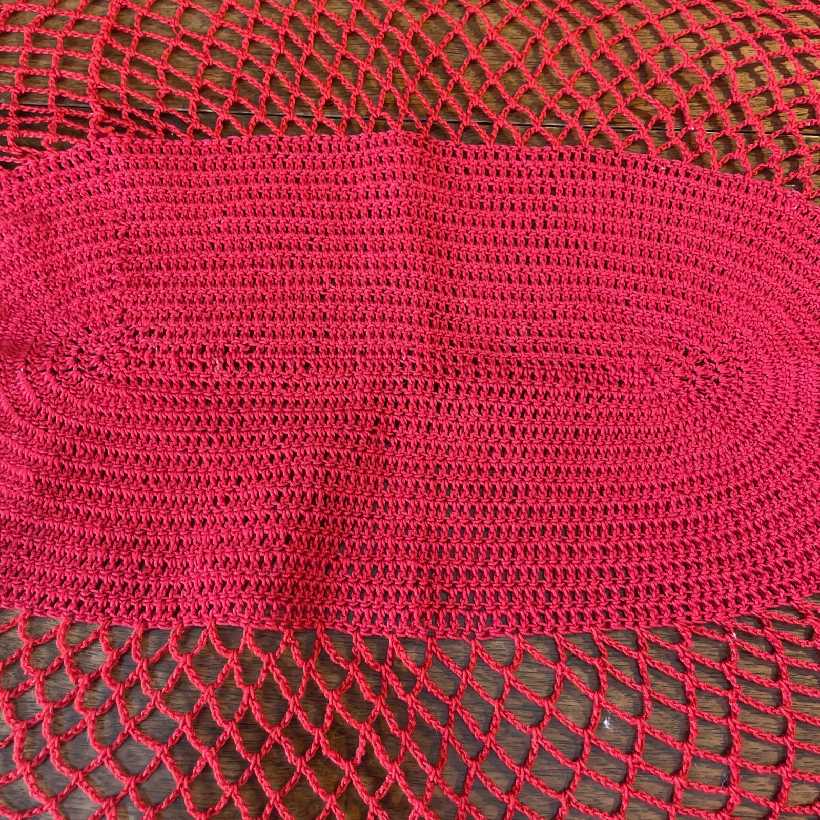 Large 30"x21" Red Vintage Crochet Table Runner, Doily, Buffet Or Dresser Scarf